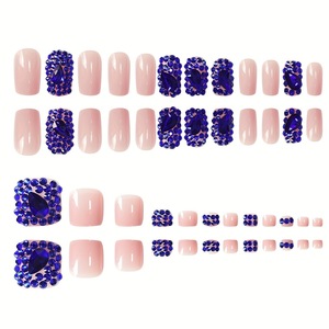 Lot de 48 faux ongles à presser, motif diamant brillant <span class=keywords><strong>bleu</strong></span>, design entièrement orné de diamants, tendance et polyvalent, couverture complète pour mains et pieds - Product Image 3