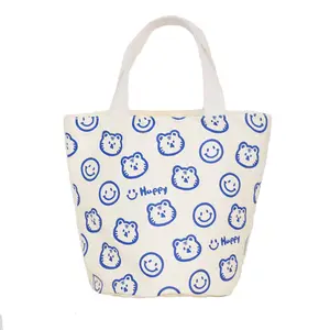 Bolso de lona de algodón con dibujos animados para mujer, bolsa de almuerzo reutilizable, Bento