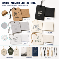 Étiquette suspendue de luxe pour vêtements avec logo personnalisé de marque, impression couleur sur papier couché, perforée, avec cordon en corde cirée