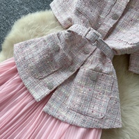 Ensemble élégant pour femmes WIWT, 2 pièces, haut en tweed à manches courtes avec ceinture et jupe longue plissée, ensemble de vêtements rose uni