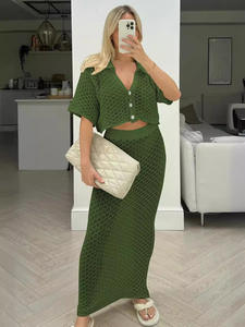 Conjunto de Top Corto de <span class=keywords><strong>Manga</strong></span> Media Tejido y Falda Lápiz Ajustada de Color Liso, Estilo Sexy y de Club <span class=keywords><strong>para</strong></span> Mujer Europea y Americana - Product Image 4