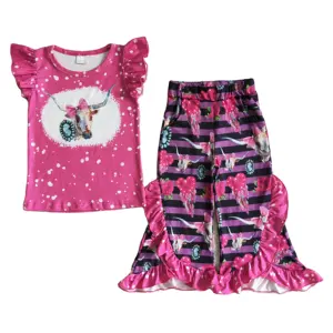 Комплект розового цвета с рукавами-фонариками и колокольчиками, оптовая продажа, без минимального заказа, детская одежда, комплекты одежды для девочек, одежда для маленьких девочек, для маленьких девочек