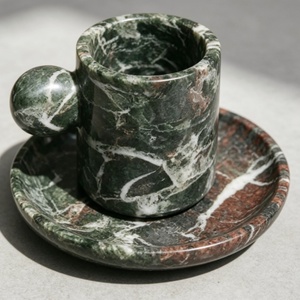STONEKOCC Luxury Marble Coffee <strong>Cup</strong> &amp; <strong>Saucer</strong> <strong>Set</strong> with Knob Handle Heat Resistant Dishwasher Safe Eco-Friendly Gift for Presents - Product Image 1
