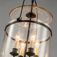Lustre suspendu lanterne noir mat 4 lumières avec cage en verre transparent, LED, hauteur réglable, style ferme, pour entrée, hall d'entrée, cuisine