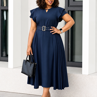 Robe midi plissée unie pour femme grande taille, coupe trapèze, col rond, manches classiques, style vintage, avec ceinture, en polyester, taille haute, respirante, pour l'été
