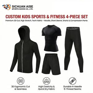 カスタムキッズ4ピーススポーツセット フーディー、Tシャツ、ショートパンツ＆コンプレッションパンツ アスレチックワークアウトフィットネス用 - Product Image 1