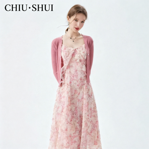 CHIU SHUI Set Romantico 2 Pezzi: Abito Floreale e Cardigan in <span class=keywords><strong>Maglia</strong></span> - Elegante Completo Stile Spiaggia per Collezioni Boutique - Product Image 1