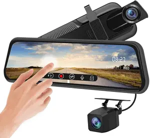 2.5D branco vidro curvo 9.66 "Full Touch Screen Carro DVR Monitor Espelho Retrovisor Do Carro 1080P Gravador de Fluxo HD Câmera de Visão Traseira