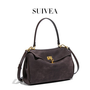 Suede <b>Shoulder</b> <b>Bag</b> With Lock Closure Vintage Style For Daily Use 50-65cm <b>Strap</b> Length Two Handles Large Capacity Women's Handbag - Product Image 3
