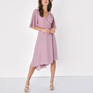 2024 Summer New Dress Customized Light Purple Print Midi Wrap Dresses Short Sleeved V-neck High Quality Fashion Women's Dress