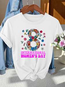T-shirt elegante da donna con scollo rotondo, manica corta, stampa floreale, per la festa della donna internazionale, primavera, estate, autunno - Product Image 3