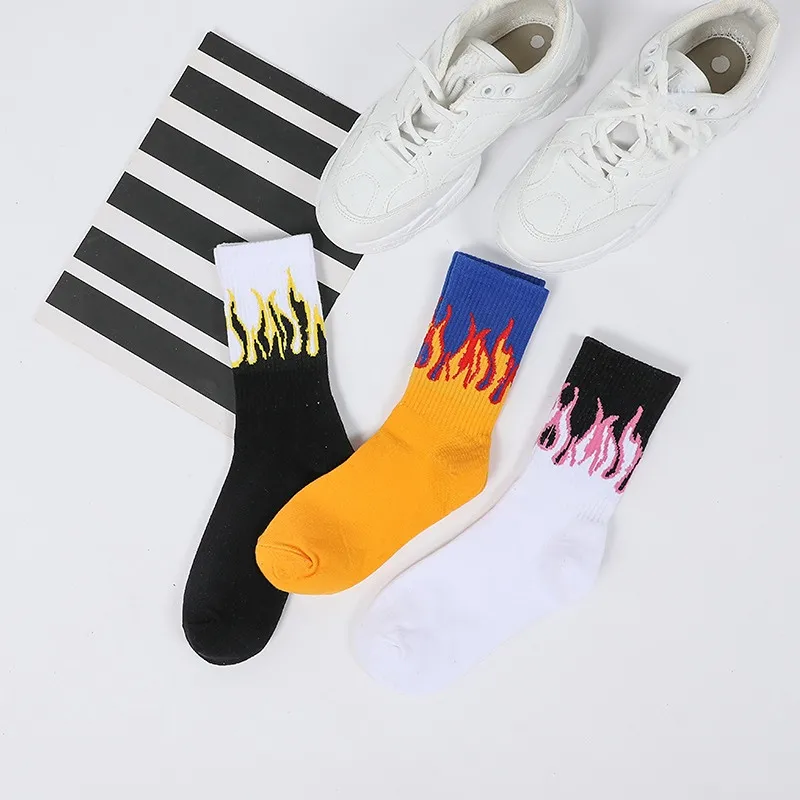 Custom Trendy Patchwork Mid Calf Socks Personalized Flame Design Socks Preppy Style Basketball Sports Socks