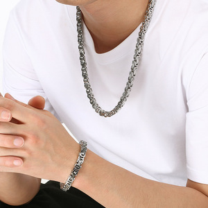 Hip Hop 6mm 8mm Byzantine Chain <strong>Link</strong> Gold and Steel Waterproof Stainless Steel Byzantine Necklace Bracelet Jewelry Set - Product Image 5