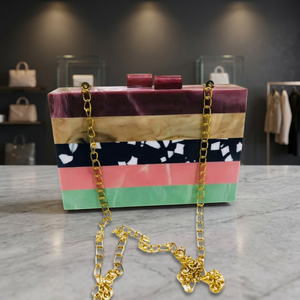 Modern Polished Resin Clutch Bag Artistic <b>Painting</b> Colorful Stripes <b>Gold</b> Chain Handle for Evening Use Falak World Export - Product Image 1