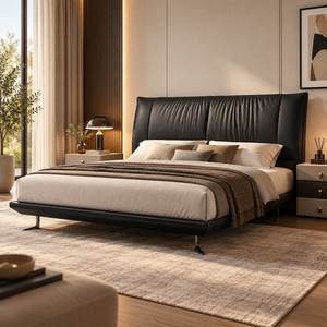 <span class=keywords><strong>Letto</strong></span> con Piattaforma Rivestito in Ecopelle Nera con <span class=keywords><strong>Testiera</strong></span> Morbida a Schienale Alto per Arredamento Moderno di Appartamenti, Hotel e Ville - Product Image 1