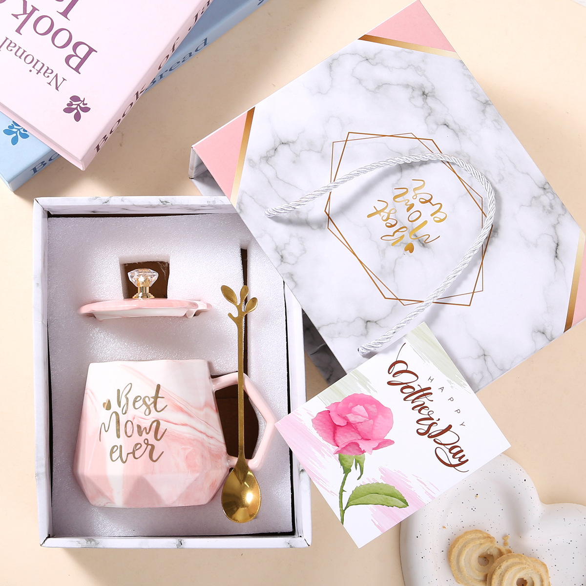 cup lid spoon single cup gift box-mother stone pink