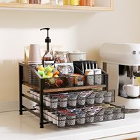 Organizador de Barra de Café, Soporte para Cápsulas K-Cup de Metal y Madera con Almacenamiento para Cápsulas de Café, Tazas de Sirope y Agitadores