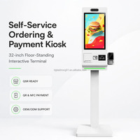 Kiosque de commande en libre-service avec écran tactile et système Android pour restaurants et fast-foods, tailles 21,5, 23,6, 27 et 32 pouces, avec support pour affiche.