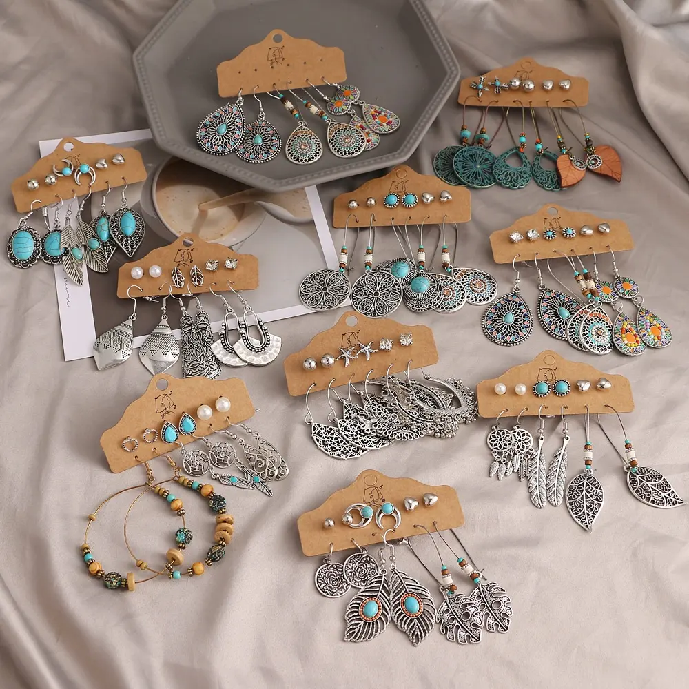 Wholesale 6 Pairs/Set Earrings Set Bohemia Feather Gemstone Pendant Women Vacation Retro Earings Fashion Jewelry