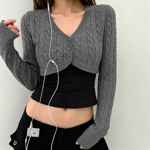 Cárdigan Corto de Punto Trenzado con Cuello en V y un Solo Botón, Estilo Preppy Europeo Americano, para Otoño e Invierno, Prenda de Punto Básica Informal - Product Image 2
