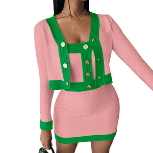Completo Casual da Donna in Due Pezzi, Abito con Patchwork Colorato e Cardigan, Set Maglione per Confraternite - Product Image 2