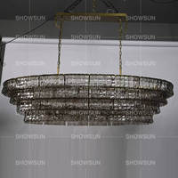 Lustre en verre ovale fait main de 65 pouces, style américain rétro, 4 couches, verre fumé, laiton, pour grand salon, table à manger