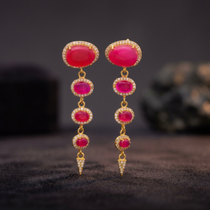 Boucles d'oreilles pendantes en argent sterling, plaquées or, faites à la main, avec calcédoine fuchsia et zirconiums cubiques, boucles d'oreilles tendance - Product Image 2