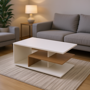 Tavolino da Caffè Moderno Rettangolare Bianco con Ripiano a L in Legno, Arredamento Minimalista per Soggiorno - Product Image 2