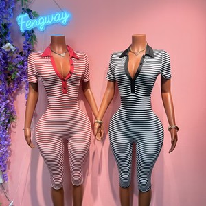 Combinaisons moulantes rayées tendance pour femme, décolleté en V profond, boutonnées, style streetwear, pour soirée et club, collection été 2026 - Product Image 1