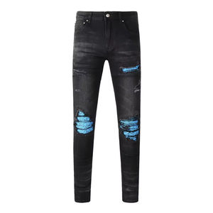 <span class=keywords><strong>Jeans</strong></span> Denim Vintage Amiriy da <span class=keywords><strong>Uomo</strong></span> a Vita Media, Vestibilità Dritta, Strappati, Effetto Consumato, Lavati, con Ricami, per Estate Autunno Inverno - Product Image 3