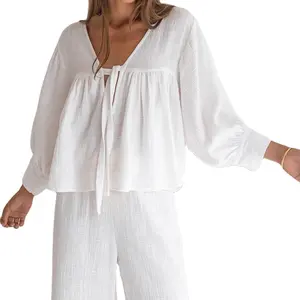 Langarm Pyjama Doppel Crêpe lose Anzug Mode Home Kleidung Nachthemd Frauen Großhandel Pyjama-Sets