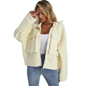 Neue stilvolle Spring Overs ize Jacke Reiß verschluss Baumwoll mantel Damen Drop Shoulder Jacket Coat