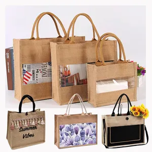 Bolsas de arpillera de playa recicladas personalizadas, bolsas de compras de yute para dama de honor, regalos de fiesta nupcial, bolsas con ventana de Pvc