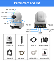 Caméra PTZ 1080P 60FPS avec zoom optique 30X, NDI HX2, USB3.0, HD, 3G-SDI, PoE, suivi IA, directement de l'usine pour la vidéoconférence