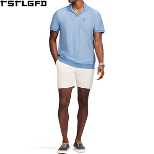Camisa Casual de Algodón Ecológico con Rayas Personalizadas para Hombre, Color Azul Claro y Blanco, Cuello y Puños Sólidos, Manga Corta, Venta al Por Mayor OEM - Product Image 1