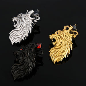 KRKC Mode Hip Hop Perhiasan Mempesona Baja Tahan Karat Berlapis Rhodium Es Berlian Imitasi Bening Mahkota Besar Liontin Kepala Singa - Product Image 3