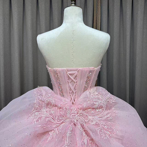 Vestido de noche largo hasta el suelo con perlas de satén y cola lateral, para fiesta de boda, graduación, verano, con decoración de encaje, cintura y cola capilla, para Quinceañera - Product Image 4