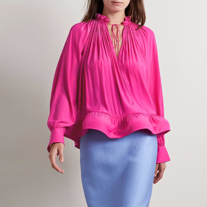 Moda Casual bastante suelta con volantes reunidos gasa <span class=keywords><strong>blanca</strong></span> Tops camisas de diseñador para mujeres elegantes blusas de marca de lujo para mujeres - Product Image 2