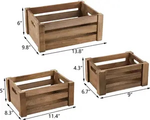 素朴な装飾的な木製の木枠ハンドル収納コンテナ付きの3つの木製の入れ子収納木枠のセット