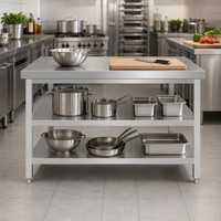 Table de travail robuste en acier inoxydable 201 à trois niveaux avec sous-étagère, installation rapide, gain de place, revêtement autonettoyant – Vente en gros
