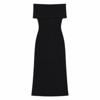 Robe en tricot fin noir pour femme, épaules dénudées, manches courtes, mi-longue, commande personnalisée, vente en gros