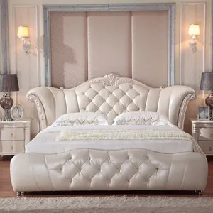 Diseño moderno de estilo europeo de muebles de dormitorio de tapizado de tamaño de reina de cuero blanco de la cama