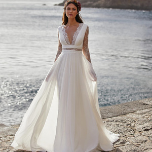 Vestido de Novia Personalizable Estilo Bohemio, Manga Larga, Cuello en V, Chifón, Corte en A, Espalda de Encaje, <span class=keywords><strong>para</strong></span> <span class=keywords><strong>Boda</strong></span> <span class=keywords><strong>Civil</strong></span> - Product Image 1