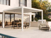 Pergola bioclimatique en aluminium bicolore 3x5m motorisée avec toit à lames LED, fixation murale pour abri de terrasse extérieure et espace de vie domestique
