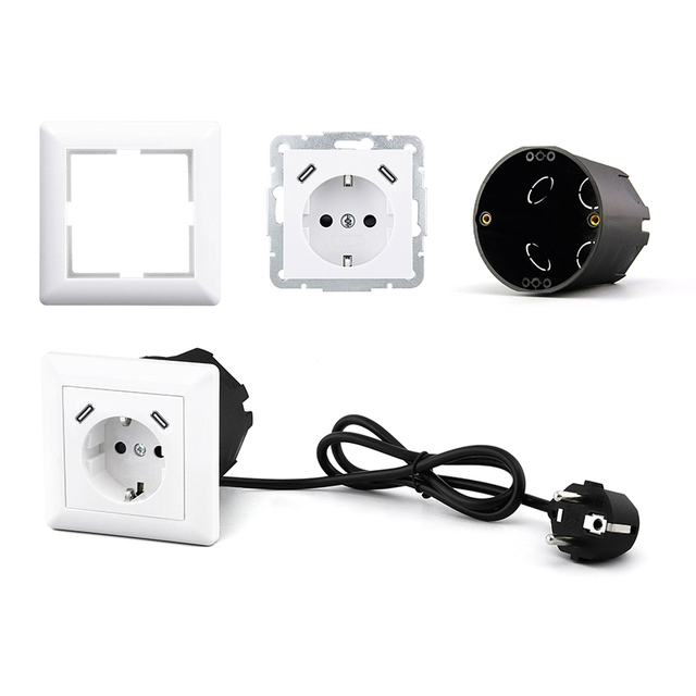Type F EU Standard German Schuko Plug with Socket USB Type-C PD3.0 2 Ports 16A IP44 Rated Wall Mounted Flush Mount