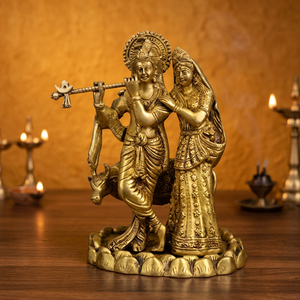 Statue artisanale traditionnelle Art Déco en laiton et aluminium de Radha Krishna avec vache, pour salon ou mariage, 10,5 pouces - Product Image 4