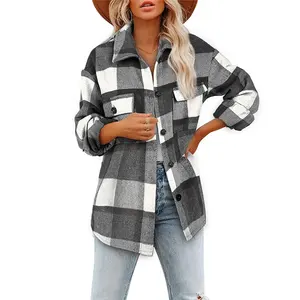 2022 Vrouwen Tops Casual Plaid Geborsteld Flanel Button Down Gepot Shirt Jasje Shackets Jassen Shirts Voor Vrouwen Casual