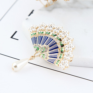 简约定制批发新款时尚珐琅锌合金精致水钻中式折叠扇形胸针 - Product Image 2