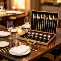 Ensemble de couverts en or rose PVD, 24 pièces, style moderne, acier inoxydable poli miroir, boîte cadeau en bois pour cadeaux