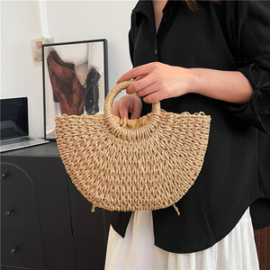 <span class=keywords><strong>Borsa</strong></span> a Mezzaluna in Stile Bohémien Intrecciata a Mano in Rattan con Chiusura a Coulisse per Donne, Ideale per Vacanze Estive in Spiaggia - Product Image 3